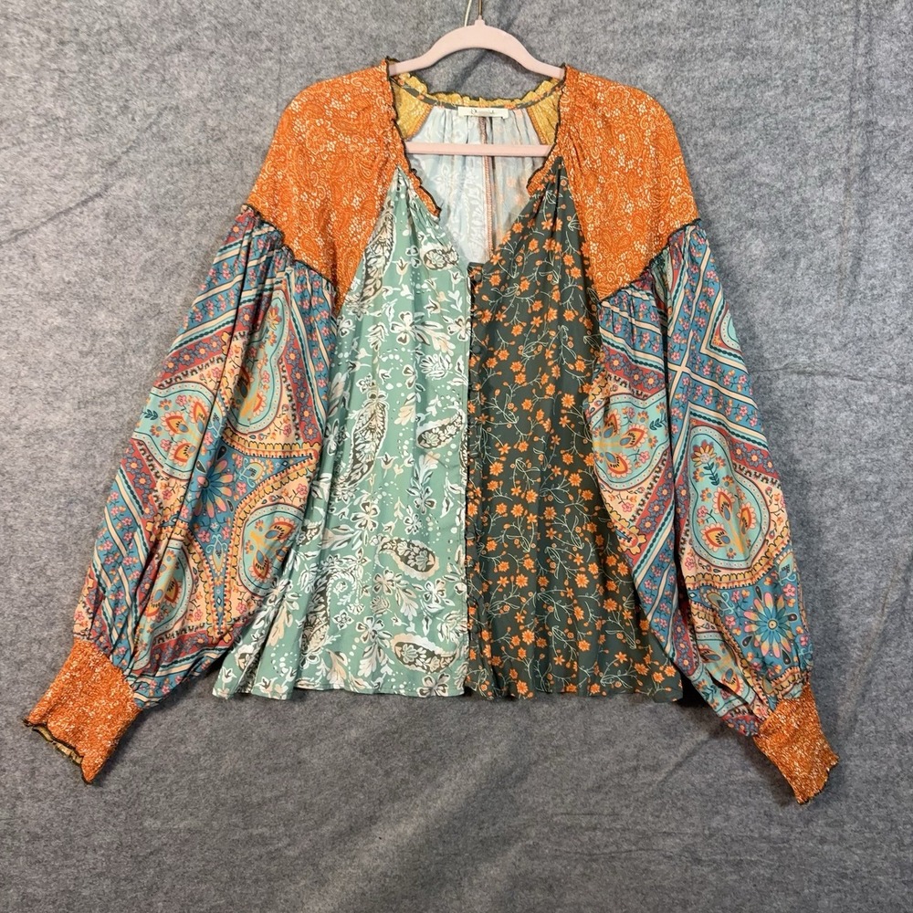 Oli & Hali Patchwork Blouse Womens Sz L Multicolor Paisley Floral Boho Peasant - Picture 2 of 8